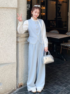 Light Blue Fashionable Two-Piece Set Womens Wide Leg Pants Casual Style Autumn New Arrival High Waist T-Shirt round Neckline