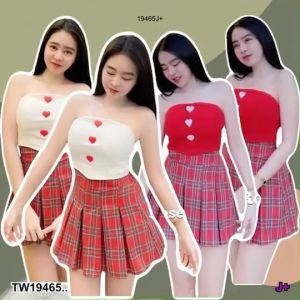 TW19465 Set 2 ชิ้น เสื้อเกาะอก + กระโปรงสั้น ..