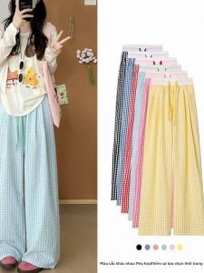 Quần Ống Rộng Kẻ Caro Màu Hồng Cho Nữ Mùa Hè Mỏng Cạp Cao Cổ Điển Màu Tương Phản Thắt Lưng Quần Dài Thường Ngày