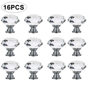 16Pcs Diamond Furniture Door Knobs Crystal Glass Pot Cover Handles 30mm Cabinet Pull Decorative for Dresser Cupboard Wardrobe