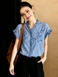 SHUAIYUE | Áo Blouse Tay Ngắn Vintage Thêu Voan Ôm Dáng Rộng