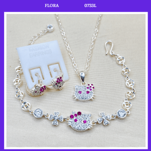 FLORA 0733L - Set bạc ta dây chuyền lắc tay bông tai hình mèo Hello Kitty dành cho bé gái
