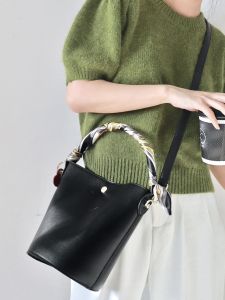 Vacation Style Womens Bucket Bag Handheld Silk Scarf round Cylinder Design Litchi Pattern Crossbody Basket Wealth Bag