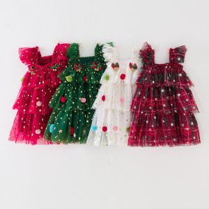 Bé gái Giáng Sinh váy xòe tay bèo Sao Lưới Lớp Công Chúa Puffy Bánh Gown Với Bow kẹp tóc Trẻ Sơ Sinh Đầm đi tiệc