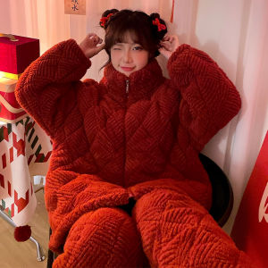 Red Festive Thickened Cotton Padded Coral Fleece Sleepwear Set for Women Lucky Year Long Sleeve Zipper Closure Home Clothes