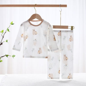 Baby Cotton Pajamas Set Air Conditioning Thin Long Sleeve round Neck Split Childrens Underwear Cotton 100% Moisture Wicking Antibacterial Summer Sleepwear