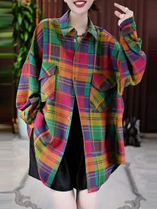 UYFY | เสื้อเชิ้ตแขนยาวลายสก็อตทรงโอเวอร์ไซส์สไตล์เรโทร