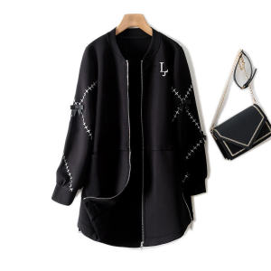 Elegant Street Style Womens Jacket Embroidered Sleeve Patchwork Stand Collar Large Pocket Air Cotton Sweatshirt Coat