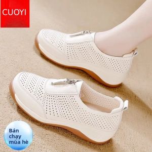 Giày lười nữ CUOYI lưới thoáng khí mũi tròn có dây kéo chống trượt