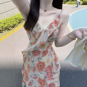 CHANGTONG | Elegant V-Neck Floral Print Skinny Fit Maxi Dress