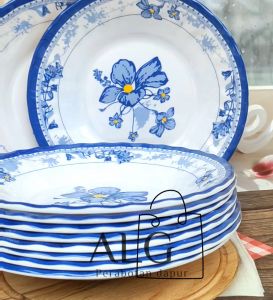 12pcs piring makan cekung melamine bunga biru tingkok besar 9inc tebal dan tahan panas anti kelopek