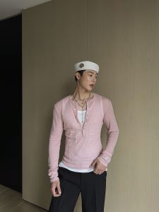 Áo Thun Polo Dài Tay Màu Hồng Thời Trang Mùa Xuân 2024 Dáng Ôm Vừa Vặn Cổ Chữ V Sâu Thường Ngày Cho Nam