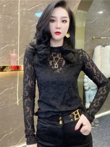 Autumn New Arrival Brushed Cut Out Lace Shirt Half Turtleneck Silm Slimming Long Sleeve Top Womens Inner Wear Internet Celebrity Small Shirt Fashion