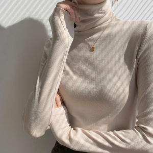 plus Size High Collar Long Sleeve Thin T-Shirt Womens Base Shirt Spring Autumn Cotton Korean Style Regular Fit Pure Color