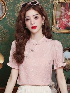 Áo Sơ Mi Voan Cổ Đứng Phong Cách Trung Hoa Áo Sơ Mi Tay Ngắn Mùa Hè 2025 Áo Sơ Mi Nhỏ Mới Áo Sơ Mi Ngắn Tay Thanh Lịch Áo Sơ Mi Dài Thường Ngày