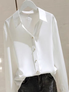 Stylish Design V-Neck White Satin Long Sleeve Shirt