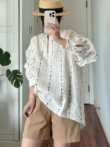 Comfortable Dyed Shirt Womens Casual Loose Fit Thin Sun Protection Top Early Autumn New Style Linen Long Sleeve round Neck Shirt