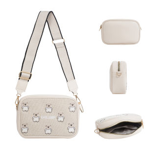 Baellerry | 1Pc-Baellerry Cute Bear Print Womens Camera Crossbody Bag Canvas and Pu Lightweight Shoulder Bag Adjustable Wide Shoulder Strap Thoughtful Gift for Young Girls