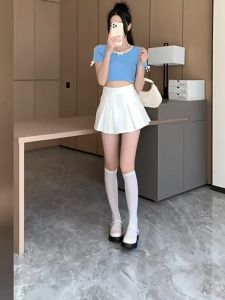 Rok pinggang tinggi lipit pinggang tinggi musim panas wanita baru gaya Korea