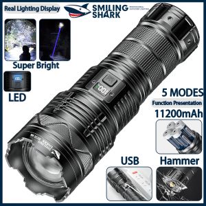 Smiling Shark Flashlight Original SD5990 Super Bright Torch light Led M77 10000LM Powerful Strong Bright Long Shot USB Rechargeable Zoomable Torch 11200mAh Power Dispaly Outdoor Camping Fishing Hiking Car Emergency With Hammer Lamp