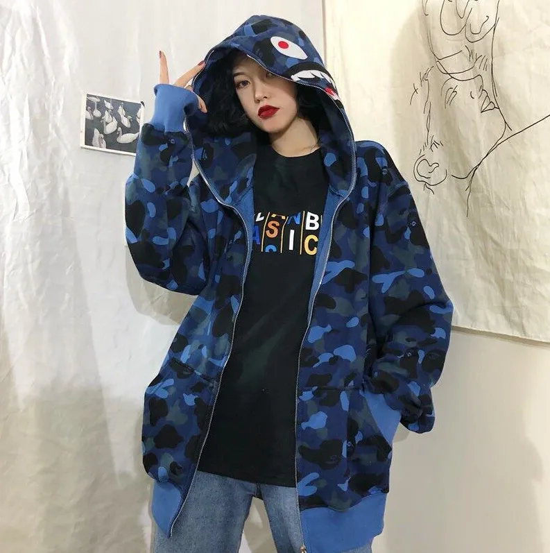 Y2K Sweatshirt Japanese Tide Brand Shark Camouflage Hip Hop Loose BF Zipper Cardigan Couple Hoodies Jacket For Men And Women Lazada PH