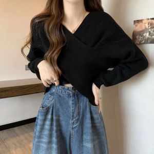 La Chapelle | Irregular Cross V-Neck Loose Fitting Short Sleeve Knit Sweater