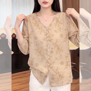 Áo Sơ Mi Dáng Rộng Có Vòng Cổ V Màu Khaki Cho Mùa Hè
