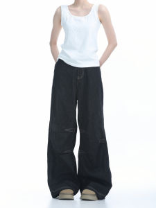 American Retro Wide Leg Denim Jeans Womens Design Sensation Niche High Waist Slim Straight Floor-Length Pants