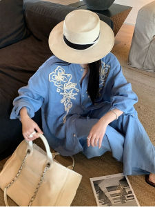 Summer Textile Full Linen Embroidered Shirt High Waist Wide Leg Pants Womens Vintage Blue White Set Commute Style Long Sleeve round Neck
