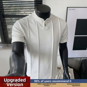 White Henley Neck T-Shirt Men Summer Clean Fit American Heavyweight Short Sleeve Straight Leg Trousers