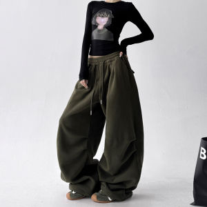 MUYUZI | Khaki Winter Loose Fitting High Waist Adjustable Casual Pants
