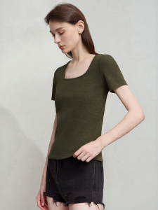 AMII | Simplicity Plain Color Square V-Neck Sleeveless Fitted Straight Cotton Elastic T-Shirt