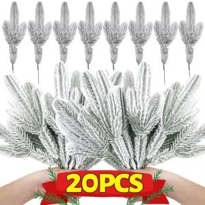 20PCS Christmas Pine Needle Branches Cypress Leaf Flocked Pine Xmas Tree Artificial Fake Plant Wreath Ornament Snow Twig Decor