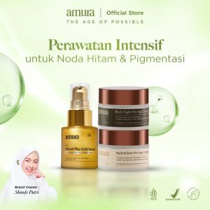 AMURA Paket Combo Bundling Memudarkan Flek Hitam Mencegah Penuaan Dini Gold Serum Rich Night Cream Hydraglow Day Cream Memudarkan Bekas Jerawat Mencerahkan Kulit Wajah Kusam BPOM