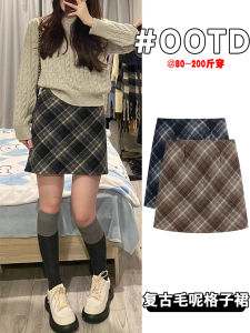 Retro Plaid ขนสัตว์ กระโปรงมินิ ผู้หญิง ฤดูใบไม้ร่วง ฤดูหนาว พลัสไซส์ ทรงเอ เดรสรัดรูป เอวสูง โพลีเอสเตอร์ งานเย็บปะติดปะต่อผ้า ซิป
