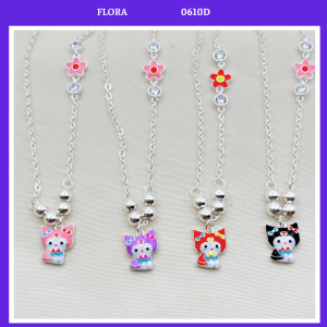 FLORA 0610D - Dây chuyền liền mặt bạc ta hình Kuromi màu đỏ đen tím hồng mix hình hoa dành cho bé gái