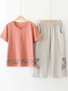 Bộ Đồ Hai Mảnh Tay Ngắn Thêu Thời Trang Mùa Hè Cho Phụ Nữ Trung Niên Cỡ Lớn Áo Thun Cổ Chữ V in Họa Tiết Hoa Cotton Thoáng Khí