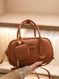 2025 New Womens Commuter Bowling Bag Crossbody Handbag Soft Handle Modern Neutral Style Embroidered Medium Size PU Leather