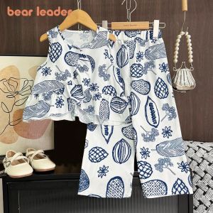 Bear Leader Summer Blue Girls Clothes Casual Kids Wear Ruffle Fruit Graffiti Printed Top+Pants 2Pcs Childrens Flower Outfits