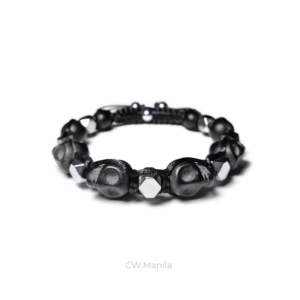 CW Manila - THANAT0S XL Bracelet - 10 / 8mm Matte Onyx Stones and Magnesite Stone Skulls with Silver Hematite - Adjustable Semi Precious Bracelets