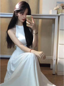 Korean Style Gentle Neck Hanging Strap Dress Summer Fashionable Skirt Sleeveless Slim Fit round Neck Pullover Womens Dress