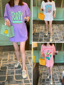 Pregnant Women Summer Fashion T-shirt Short Sleeve Pure Cotton Loose Midi Dress Maternity Wear Trendy 2025 Summer Style