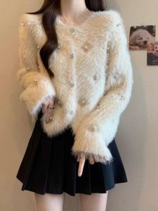 WANGGONGZHU | French Bead Embellished Knitted Cardigan Womens Autumn Winter Fashionable Large Size Small Fragrance Style Slimming Top