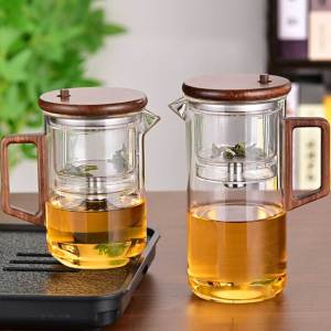 【Local Shipping】Water Separation Inner Container Teapot One Click Magnetic Switch Tea Separation Filtration Glass Tea Pot Wood Handle Tea