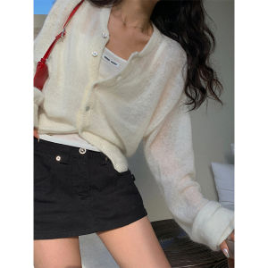 An Maiden Korean Style White round Neck Normcore Knitting Cardigan Womens Spring Lazy and Loose Thin Casual Tops