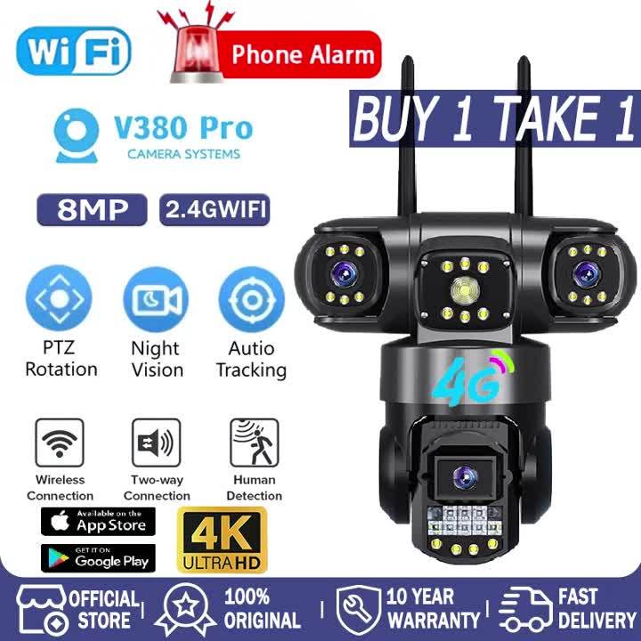 【BUY 1 TAKE 1】V380 PRO Triple Lens CCTV Camera With 4G SIM Card Outdoor No WiFi Needed Wireless Waterproof Surveillance Wifi Connect 360 Two-Way Audio Night Vision IP Security Cameras