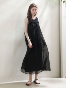 Miccbeirn | Silk Chiffon Sweet Lace Dress Simple Style Sleeveless Vest Long A-Line Skirt Summer Commute Pure Color Loose Waist Miccbeirn