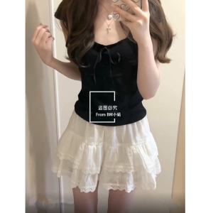 BM Butterfly Knot Square Collar Short Sleeve T-Shirt Womens American Retro New Slim Fit Inner Wear Black Short Top