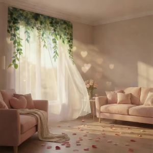 1pc Watercolor Vine Sheer Curtain - Green Leaf Pattern Pole Window Curtain for Boho Home Decor
