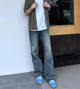 Cleanfit Vintage Washed Blue Bamboo Fiber Mens Slim Straight Jeans Flared Legs Casual Trendy Long Pants mid Waist Denim